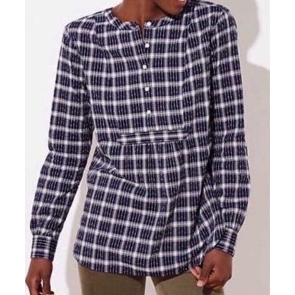 Loft Tunic Navy Size Medium Plaid Long Sleeves Flowing Blue White Cotton Winter